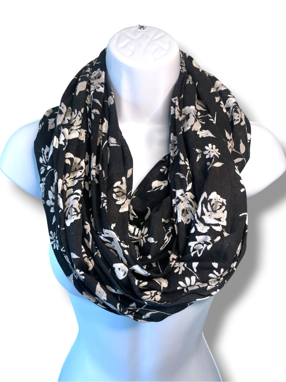 Floral Infinity Scarf 100% Cotton Lightweight Dark Academia Boho Black White - Picture 2 of 6